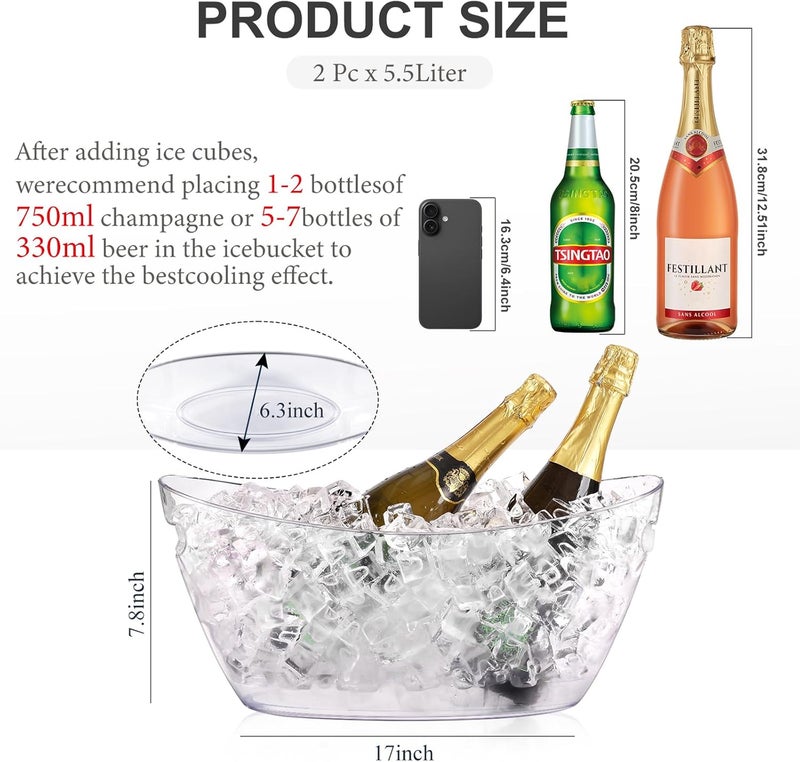 tchrules Ice Buckets for Parties, 2pcs Acrylic Champagne Beverage, Drinks Buckets Tub for Cocktail Bar, 5.5L Ice Bucket for Christmas Party(16.5 * 7.3 * 6.8inch) - Image 2